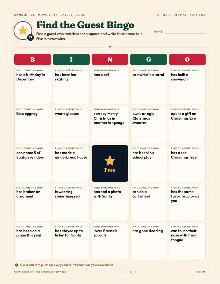 Find the Guest Bingo: find a guest who matches each square