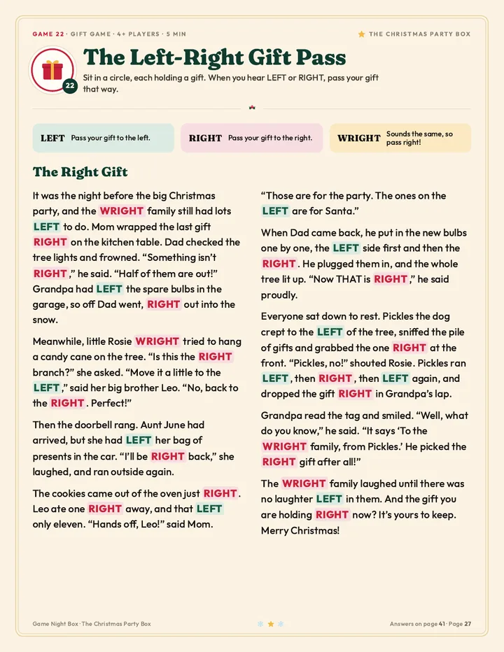 The Left-Right Gift Pass: a story read out loud while everyone passes gifts