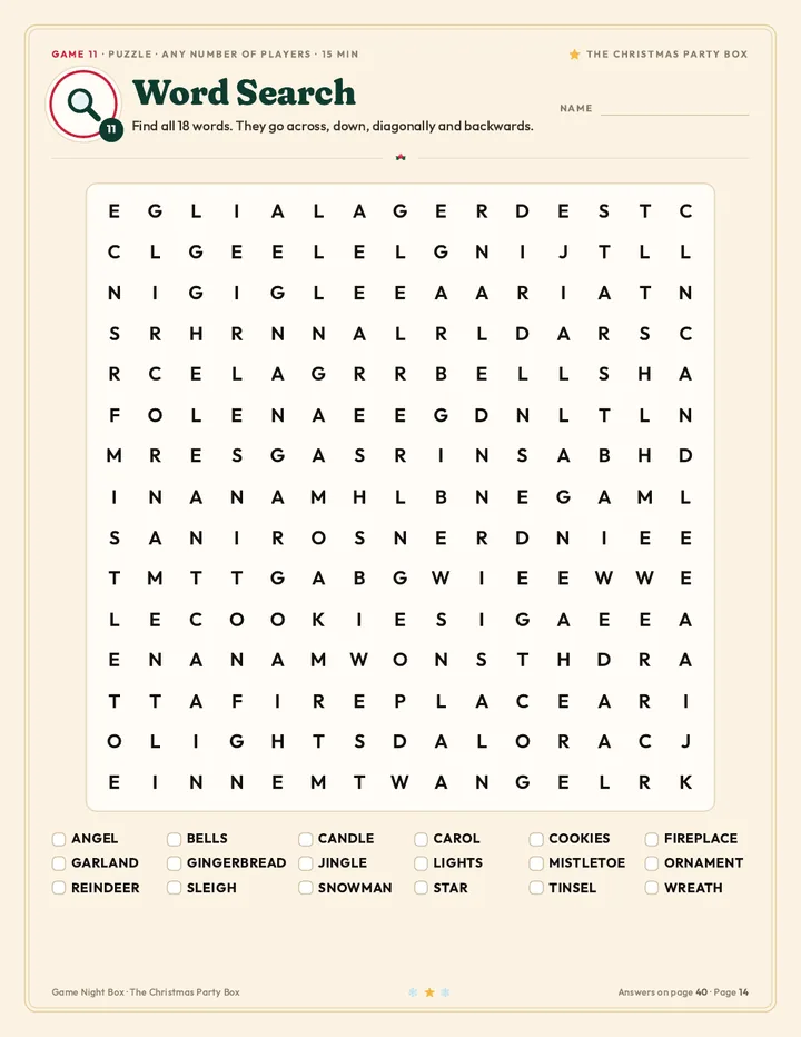 Word Search: find 18 Christmas words