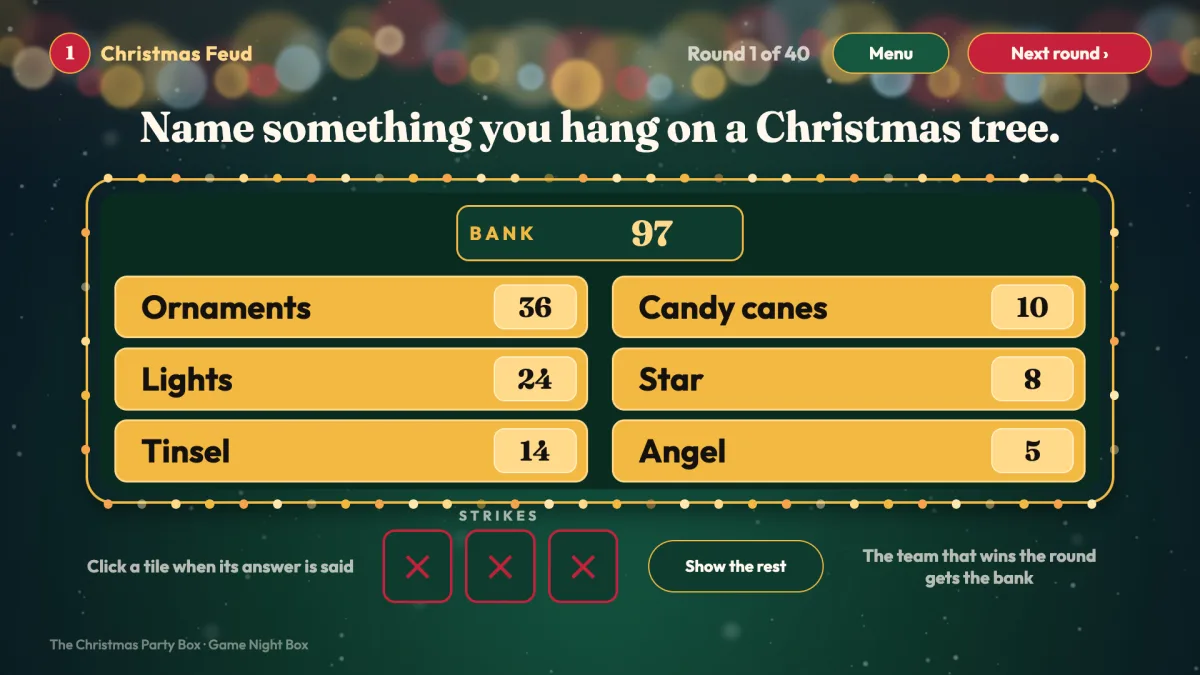 Christmas Feud in PowerPoint, with six answers shown and the bank at 97