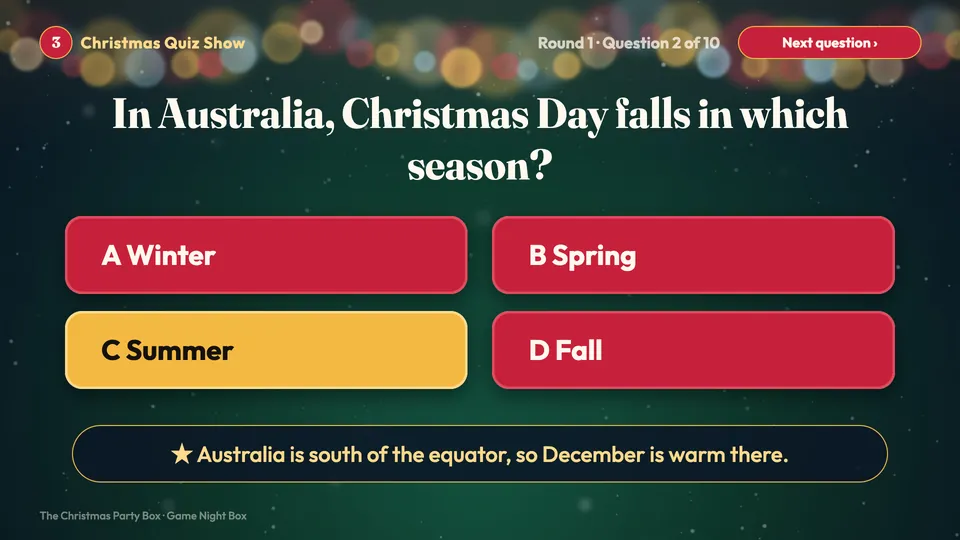 Christmas Quiz Show: a question with four answers, the right one in gold