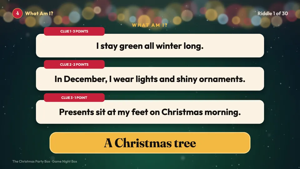 What Am I?: three clues and the answer, a Christmas tree